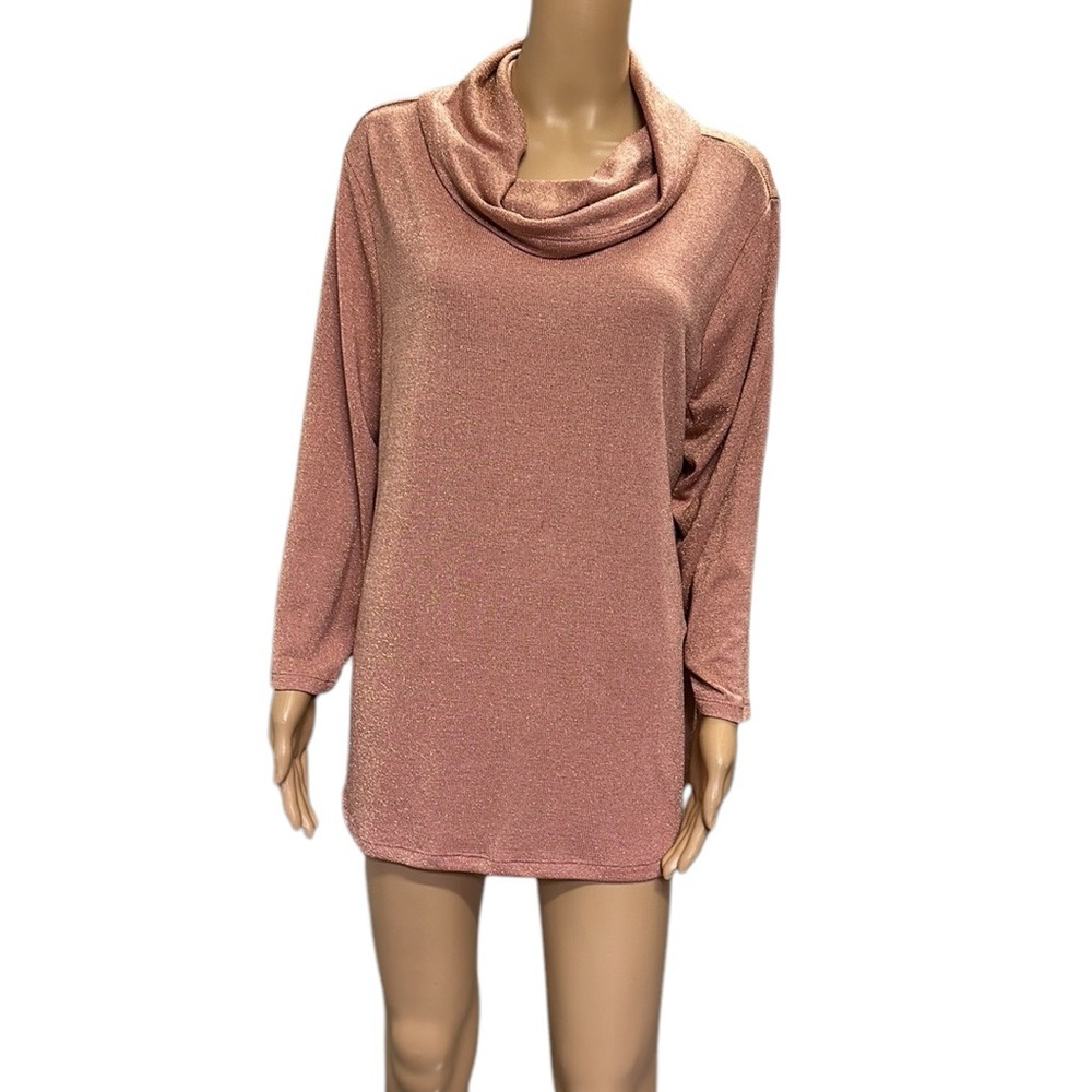 Cure Cowl Neck Rose Gold Sparkle 3 Quarter Sleeve Lightweight Knit Sweater XL